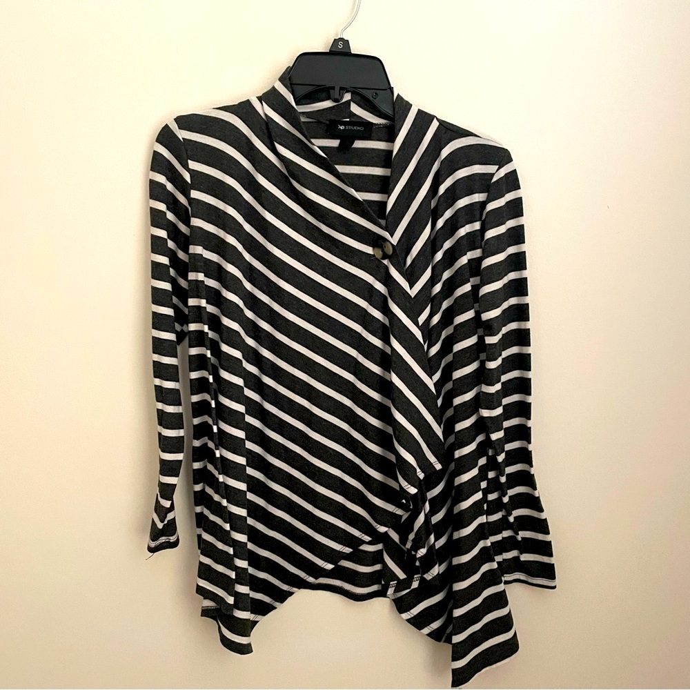 AB STUDIO Gravy with White Stripes Knit Cardigan with Top Button Closure
